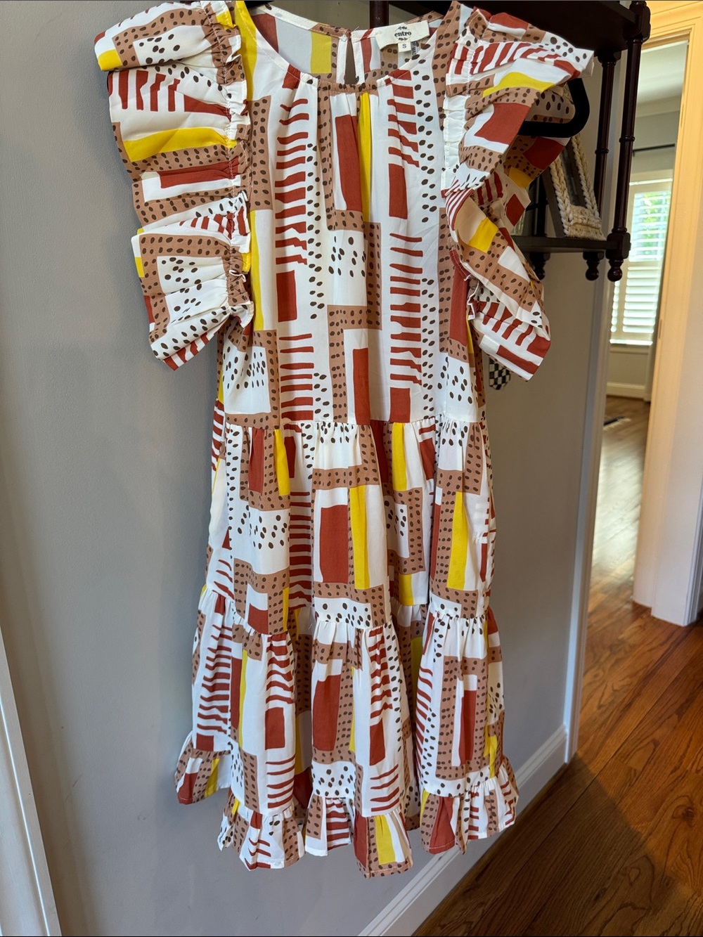 entro Colorblock & Spot Print Midi Dress in White, Rust & Yellow